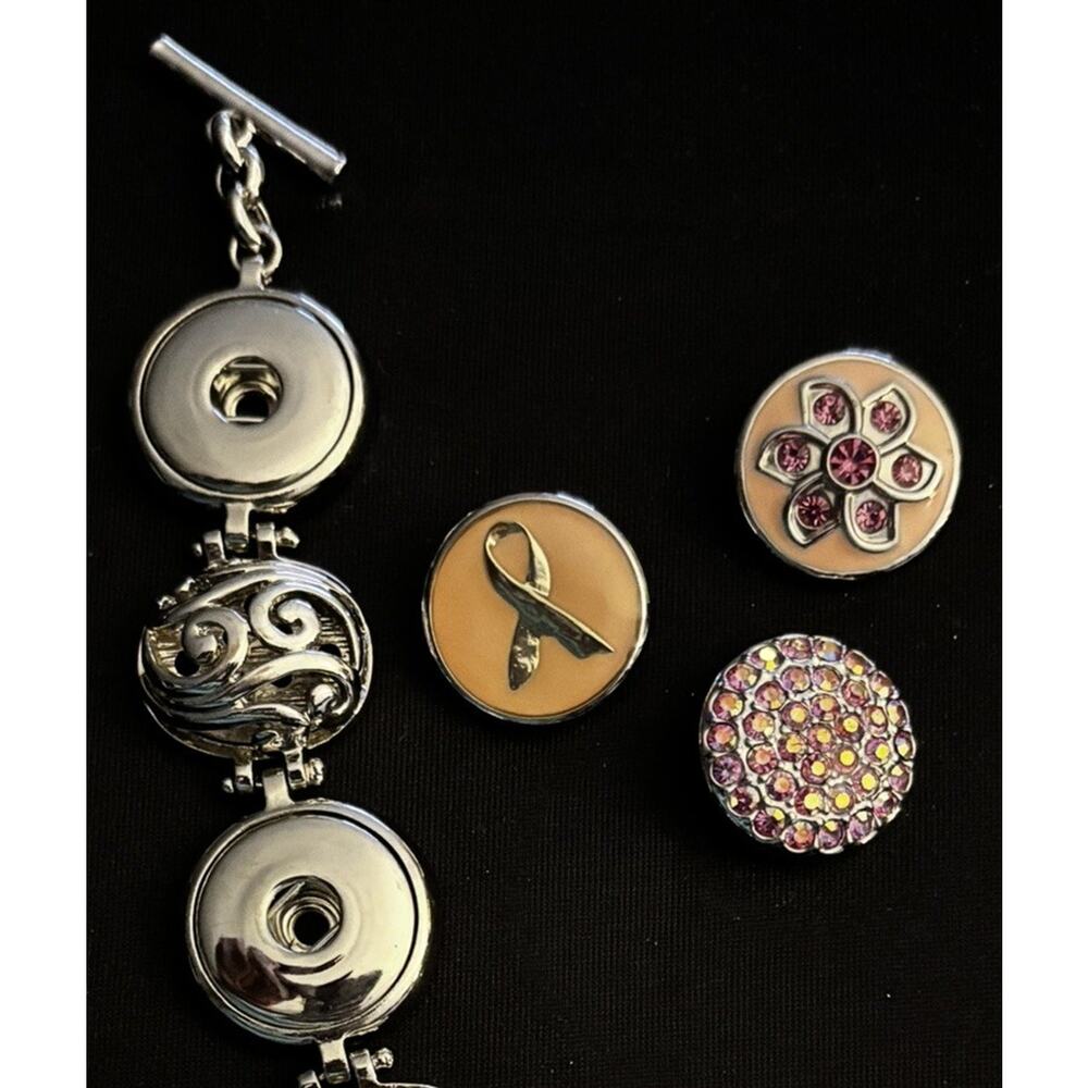 Breast Cancer silvertone bracelet with three detachable charms